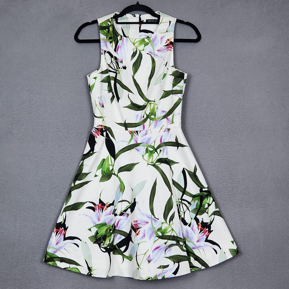 Karen Millen Dress Womens 4 White Floral Sleeveless Fit & Flare Party Wedding